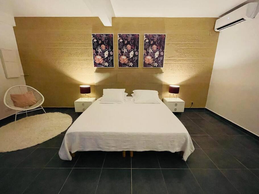 ein Schlafzimmer mit einem Bett und zwei Gemälden an der Wand in der Unterkunft VILLA FRUIT A PAIN T2 in Cayenne