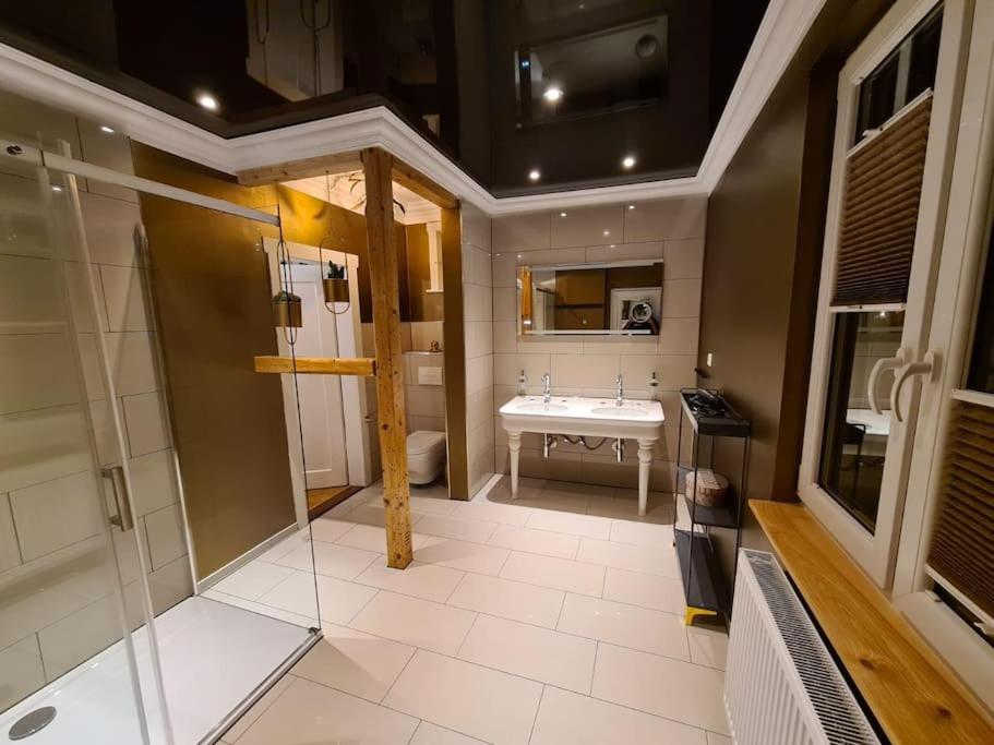 W łazience znajduje się szklana kabina prysznicowa i umywalka. w obiekcie Gruppenhaus mit Grillkota für 16 Personen in Hahnenklee w mieście Hahnenklee-Bockswiese
