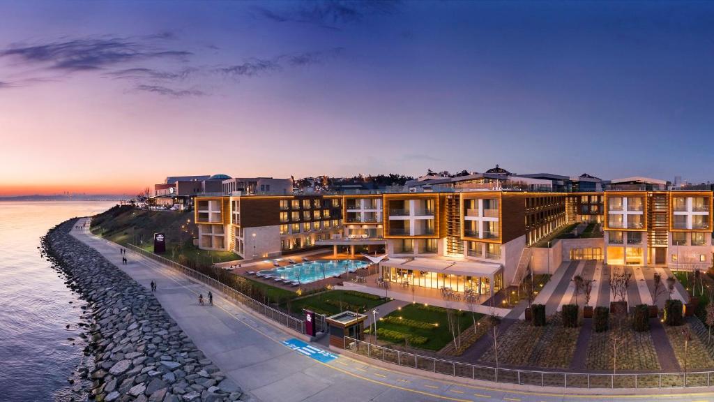 an aerial view of a hotel next to the water at Crowne Plaza Florya Istanbul, an IHG Hotel in Istanbul