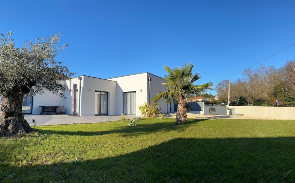 ein weißes Haus mit einer Palme im Hof in der Unterkunft new architect villa with large terrace and patio 800 m from the sea in Vaux-sur-Mer