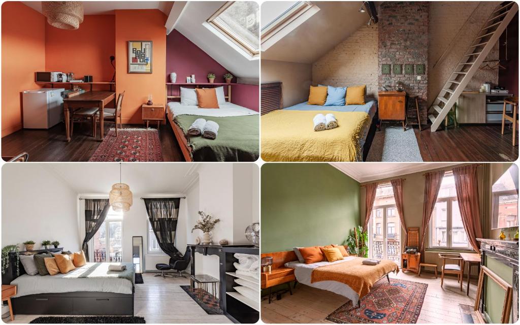 un collage de cuatro fotos de una habitación en Comenstay Brussels, en Bruselas