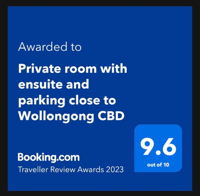 Certifikát, hodnocení, plakát nebo jiný dokument vystavený v ubytování Private room with ensuite and parking close to Wollongong CBD
