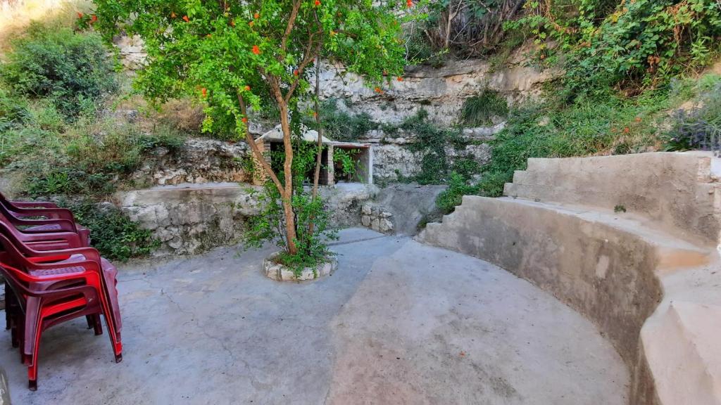 アルカラ・デル・フカルにあるLA CAÑADAの階段の横にある赤い椅子と木