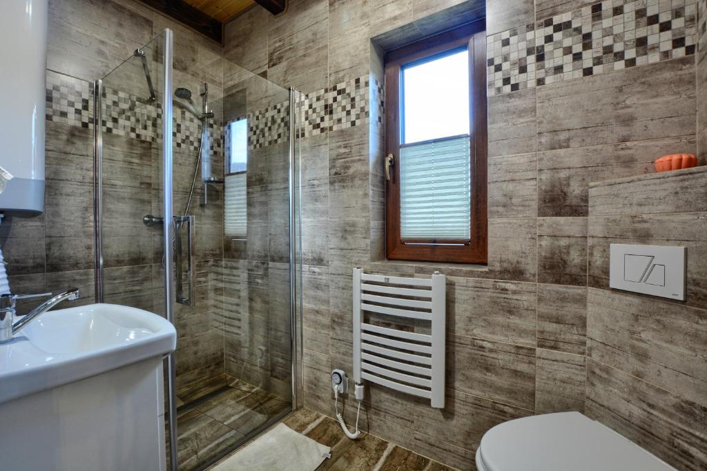 a bathroom with a shower and a toilet and a sink at Gospodarstwo Agroturystyczne Bieszczadzki Bliźniak in Baligród