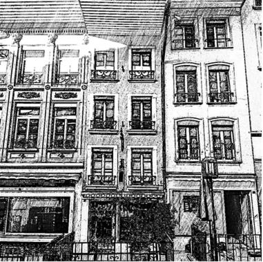 une photo en noir et blanc d'un bâtiment dans l'établissement Chez Muna & Lucien, à Thun