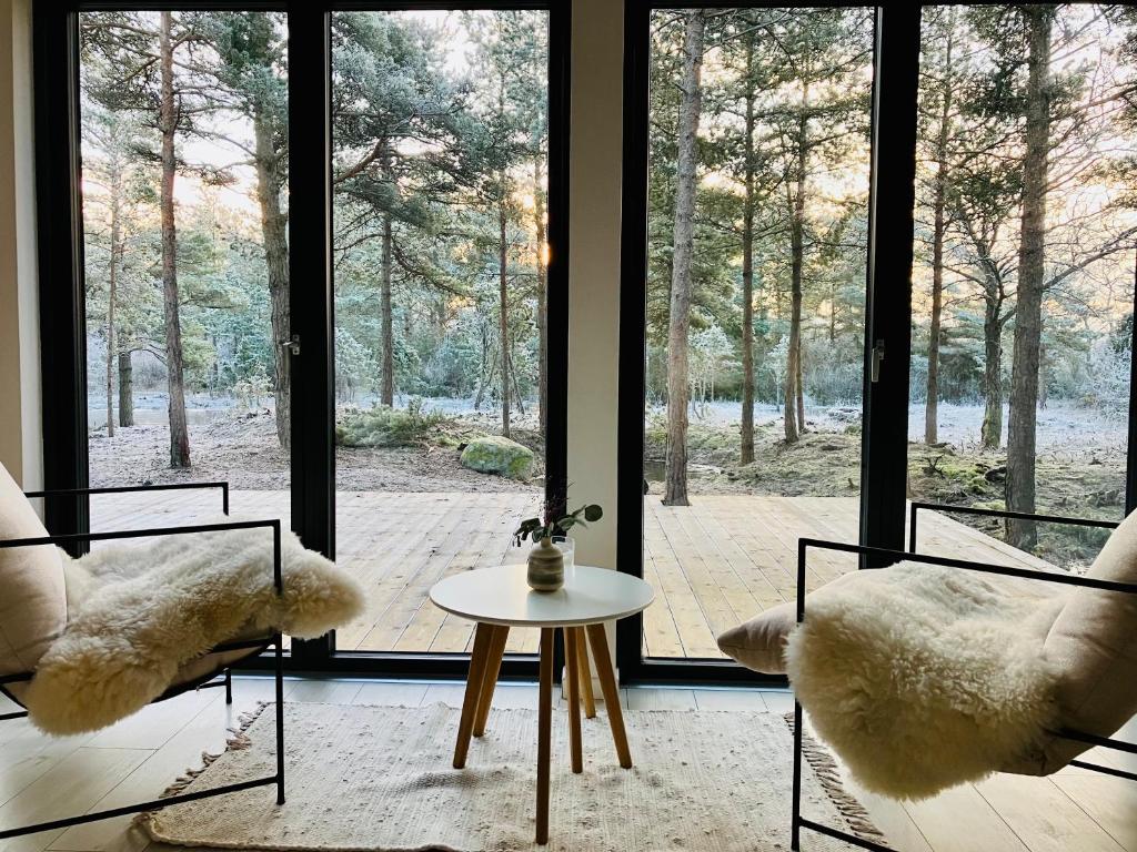 um quarto com duas cadeiras e uma mesa em frente a uma janela em Forest House, Tiidu em Nässuma