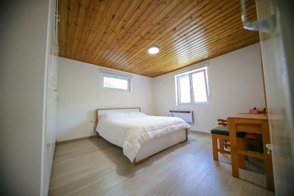 um quarto com uma cama e um tecto de madeira em Legacy 1930s em Prodromos