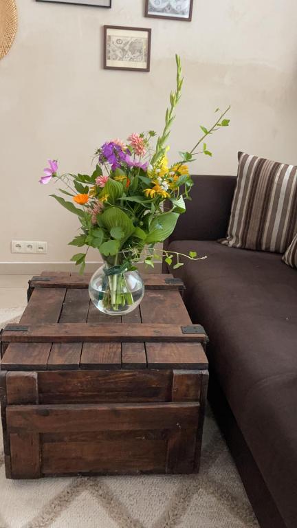 un vase de fleurs assis sur une table basse dans l'établissement Studio w Rynku, à Grudziądz