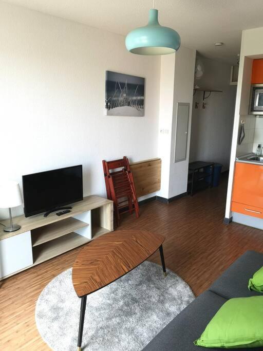 a living room with a couch and a table and a television at Studio - Centre Ville - free parking in Montpellier