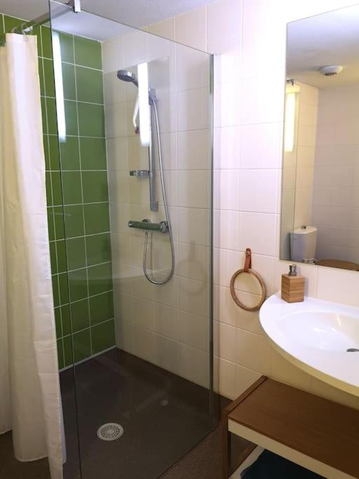 a bathroom with a glass shower and a sink at Studio - Centre Ville - free parking in Montpellier