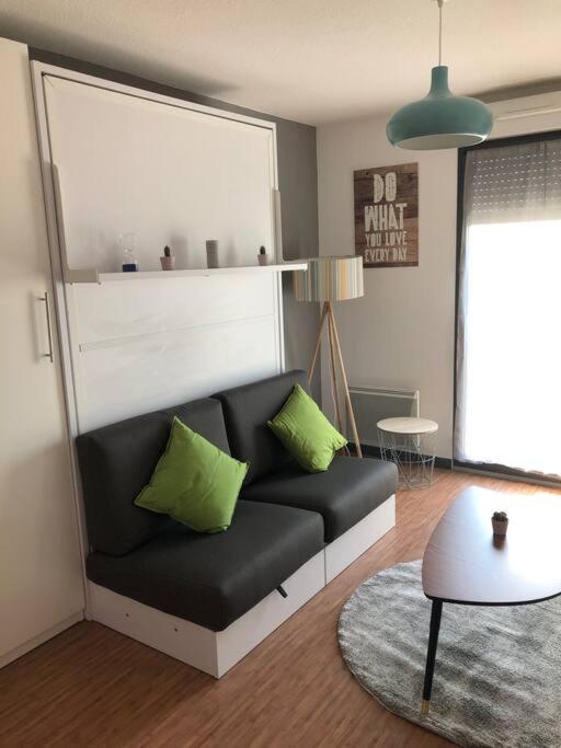 a living room with a black couch with green pillows at Studio - Centre Ville - free parking in Montpellier