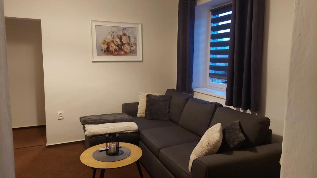 ein Wohnzimmer mit einem Sofa und einem Tisch in der Unterkunft Apartmán 85 in Černý Důl
