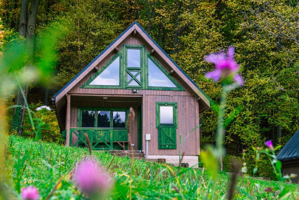 una pequeña casa con una puerta verde en un jardín en Gombaszög, 