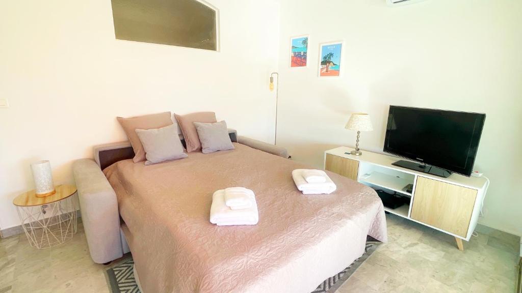 a small bedroom with a bed and a flat screen tv at La Couronne du Cros in Cagnes-sur-Mer