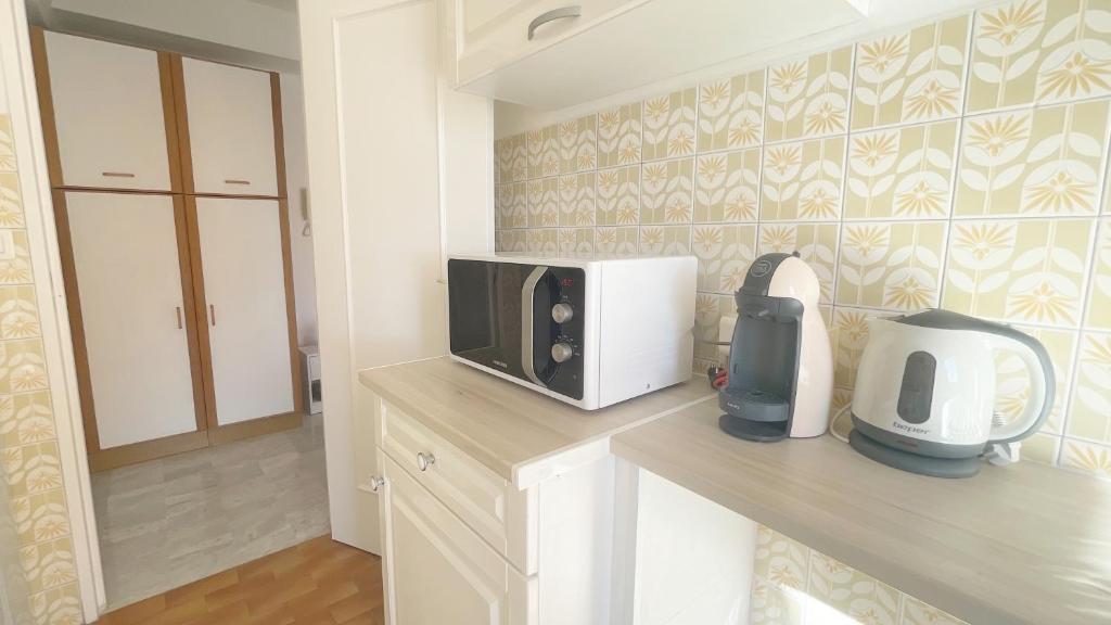 a kitchen with a microwave and a toaster on a counter at La Couronne du Cros in Cagnes-sur-Mer