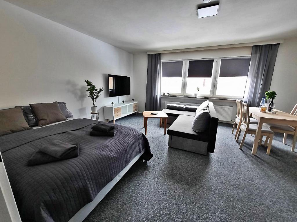 a bedroom with a bed and a couch and a desk at Apartment Blätterwald in Bad Sachsa