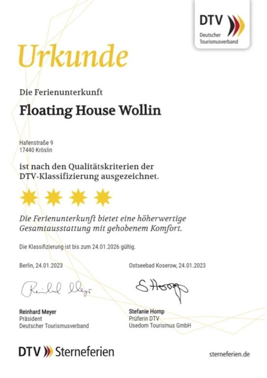 Certifikát, hodnocení, plakát nebo jiný dokument vystavený v ubytování 4 Sterne Dtv Floating House