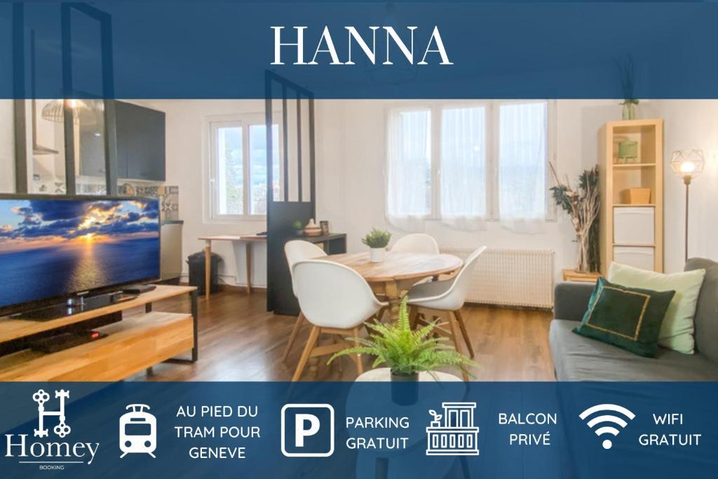 a picture of a living room with a tv and a table at HOMEY HANNA - Au pied du tram / Parking gratuit / Balcon privé / Wifi gratuit in Annemasse