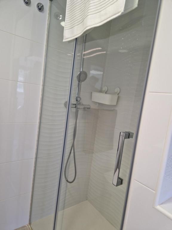 W łazience znajduje się prysznic ze szklanymi drzwiami. w obiekcie La Casita de la Charca w mieście Melenara