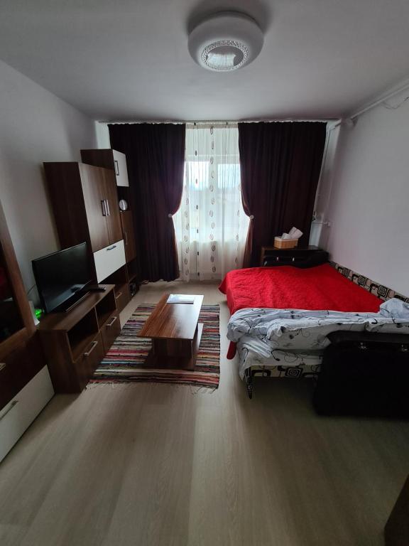 een slaapkamer met een rood bed en een televisie bij Vigaro Vgr in Braşov