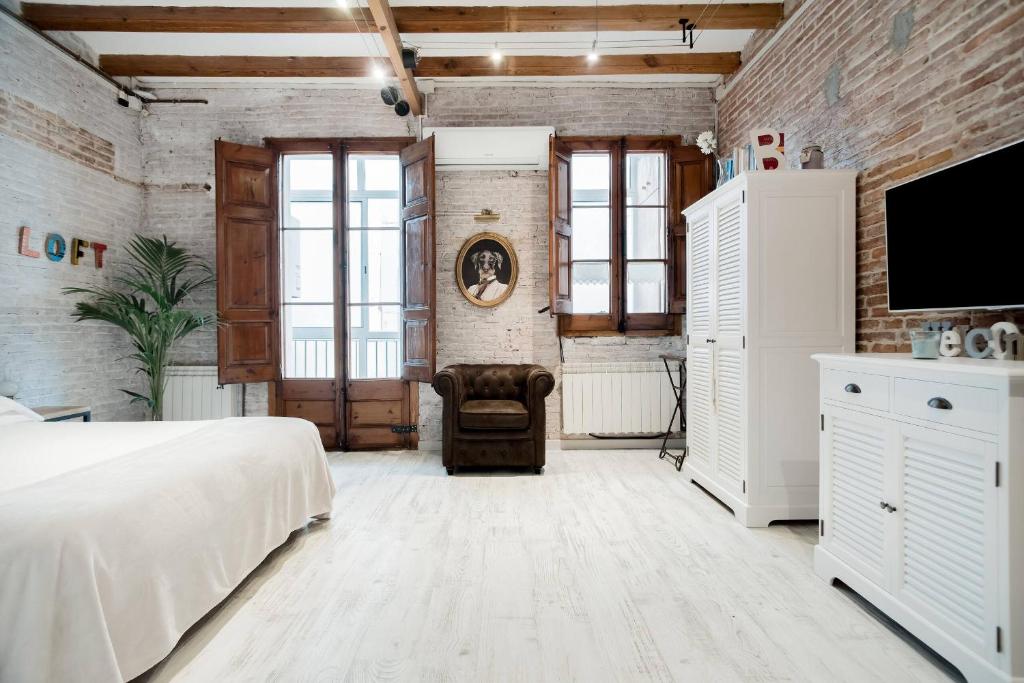 a bedroom with a bed and a flat screen tv at Lovely loft near Barcelona center in Barcelona