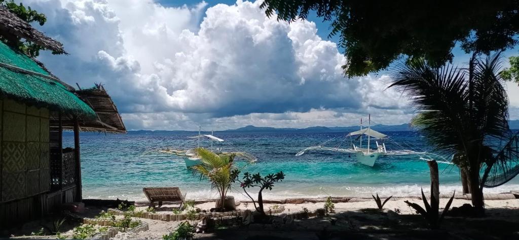 a view of a beach with a boat in the water at Nitasnipahut Pamilacan island in Pamilacan