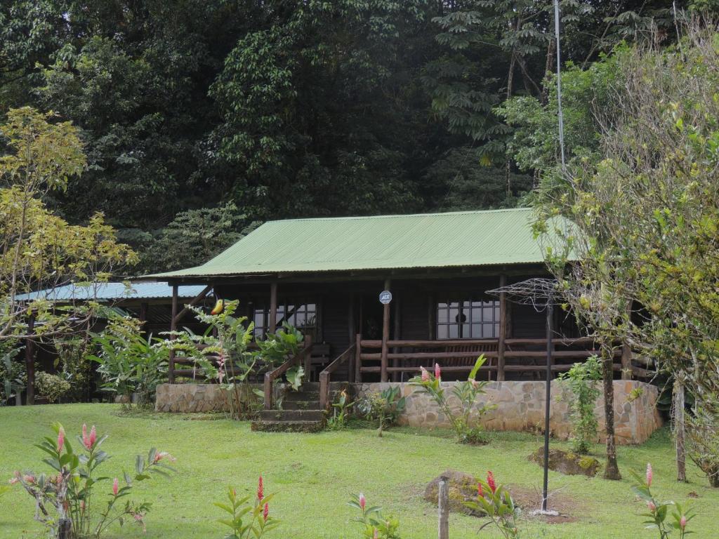 San Rafael的住宿－Cabañas Montañas del Tenorio，花园中带绿色屋顶的房子