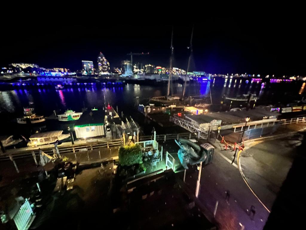 Aussicht auf einen Hafen in der Nacht mit einer Stadt in der Unterkunft Ocean Front Downtown Condo in Victoria