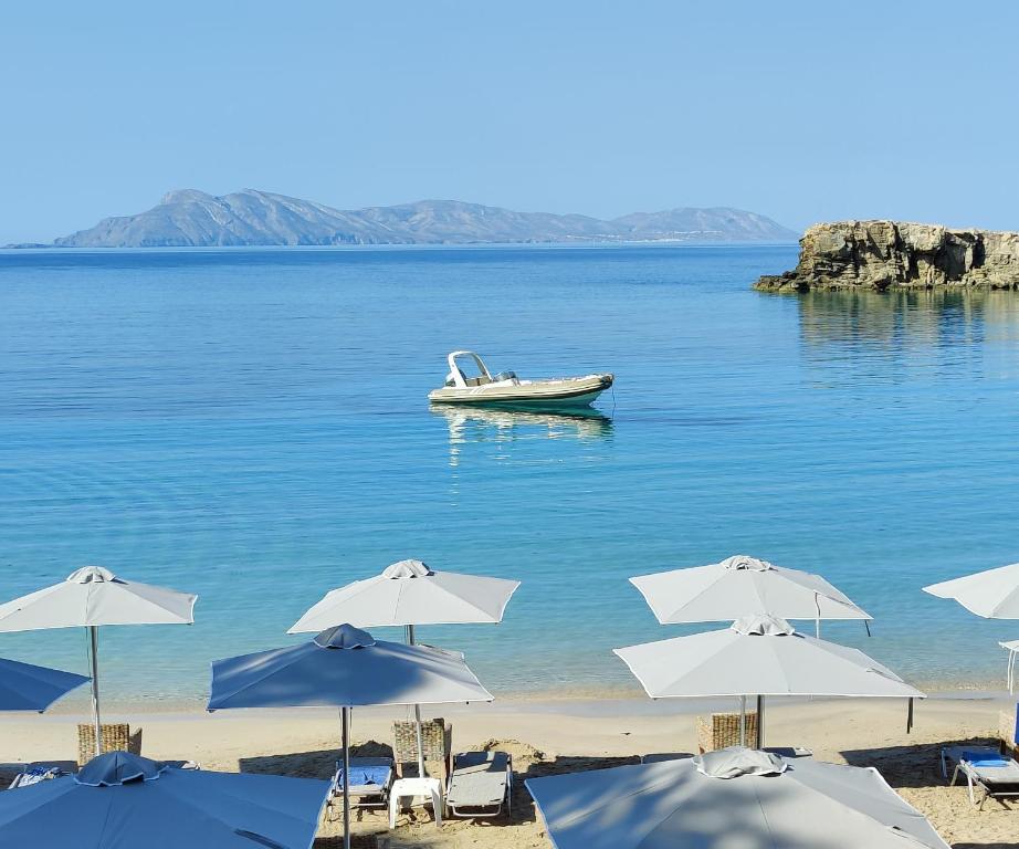 un barco en el agua junto a una playa con sombrillas en Le Grand Bleu Studios & Apartments, en Lefkos Karpathou