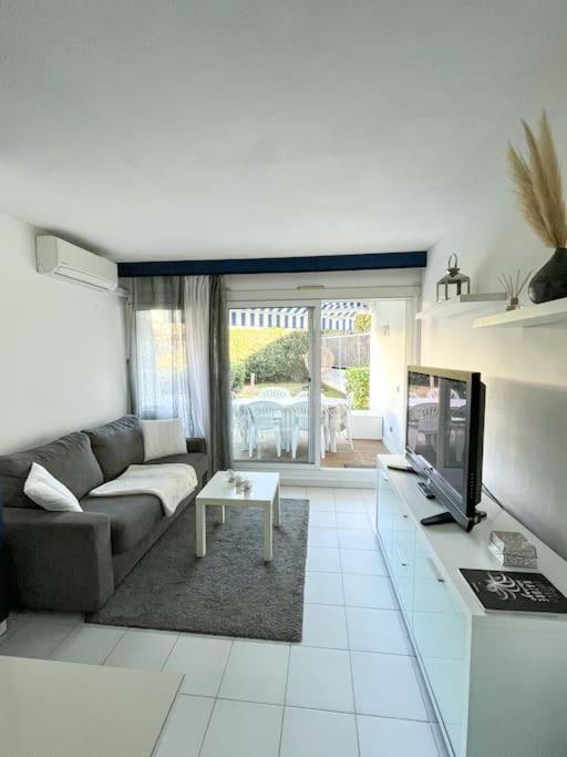salon z kanapą i telewizorem w obiekcie A deux pas de la plage - Entre Nice/Cannes w mieście Villeneuve-Loubet