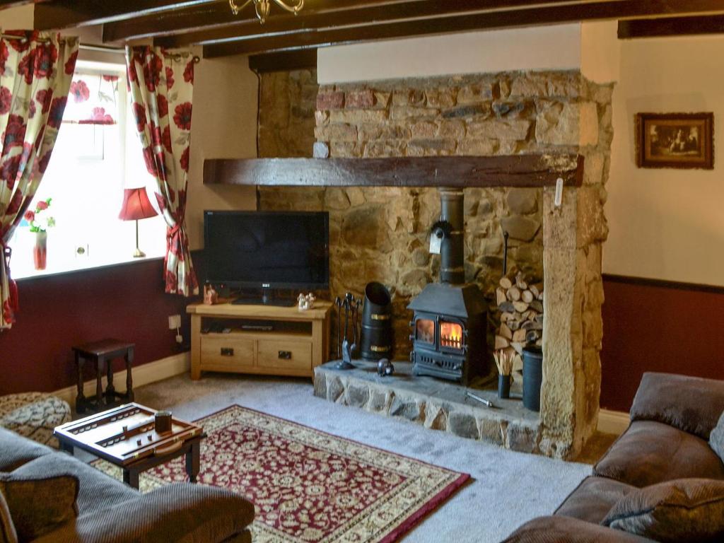a living room with a stone fireplace and a television at Quarrymans Cottage in Belford