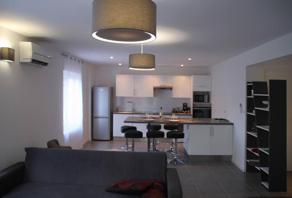 uma sala de estar com um sofá e uma cozinha com um balcão em Appart dans maison 2 km de la plage em Villeneuve-Loubet
