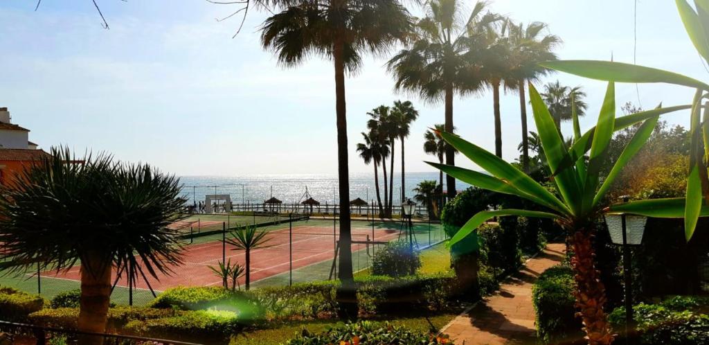 a view of a tennis court with palm trees and the ocean at Mansion Alhamar in Sitio de Calahonda