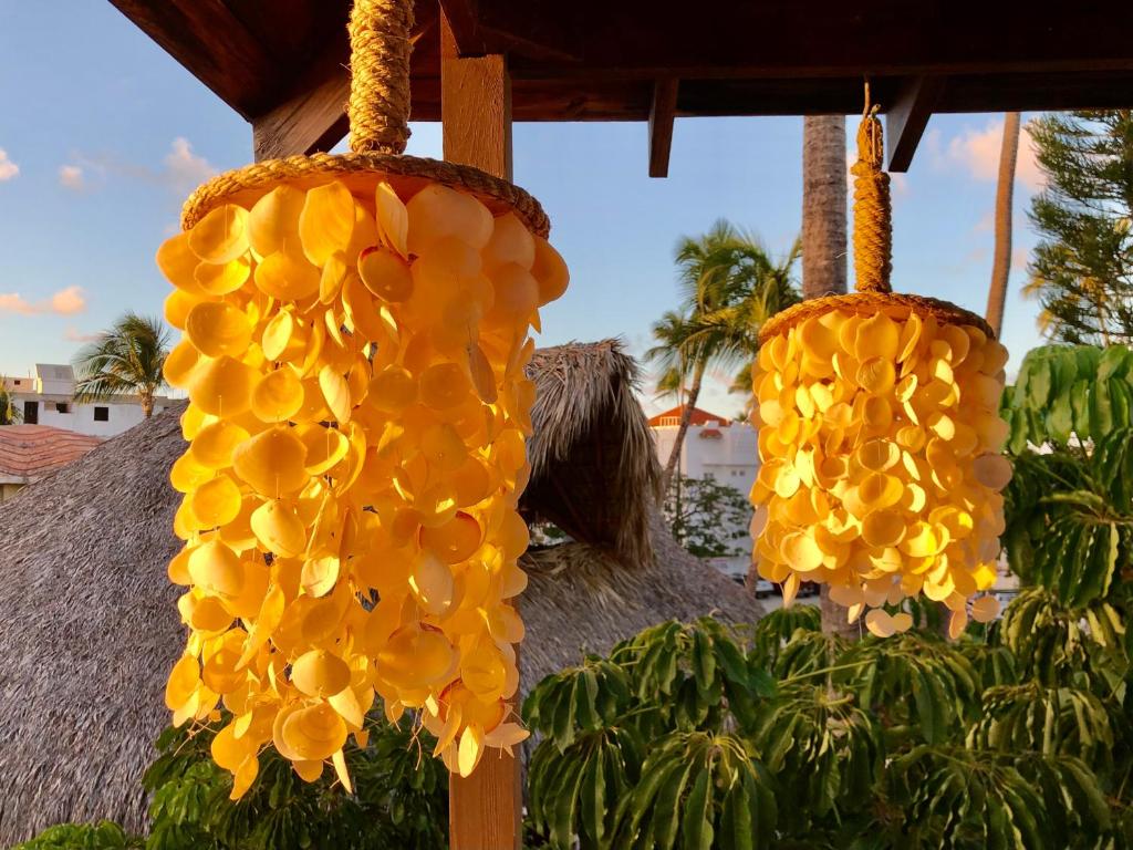 a display of yellow fruit hanging from a pole at V&V Beach House in Punta Cana