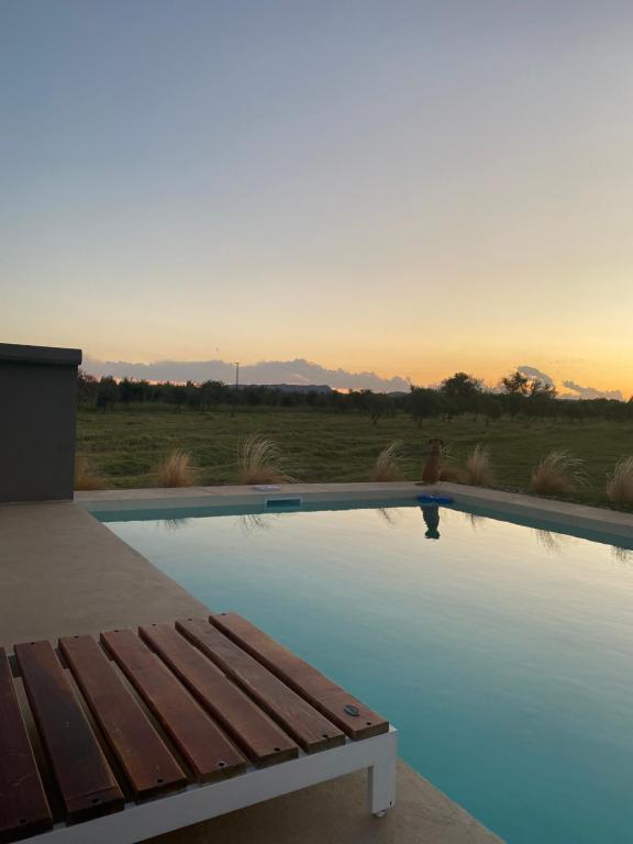 a person sitting on a bench next to a swimming pool at Posada Miss Olivos in San Rafael