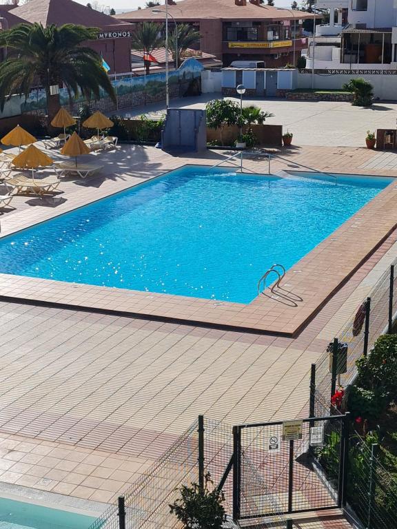 uma grande piscina azul ao lado de um edifício em Cozy apartment very close to Yumbo Center em Playa del Inglés