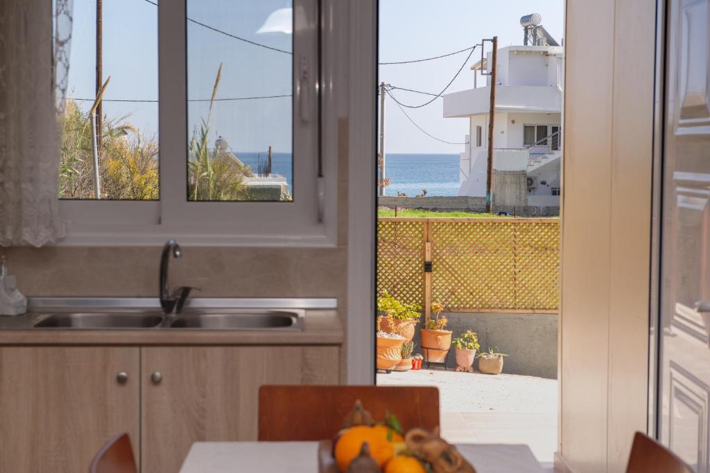 a kitchen with a sink and a view of the ocean at Stegna Holiday in Archangelos