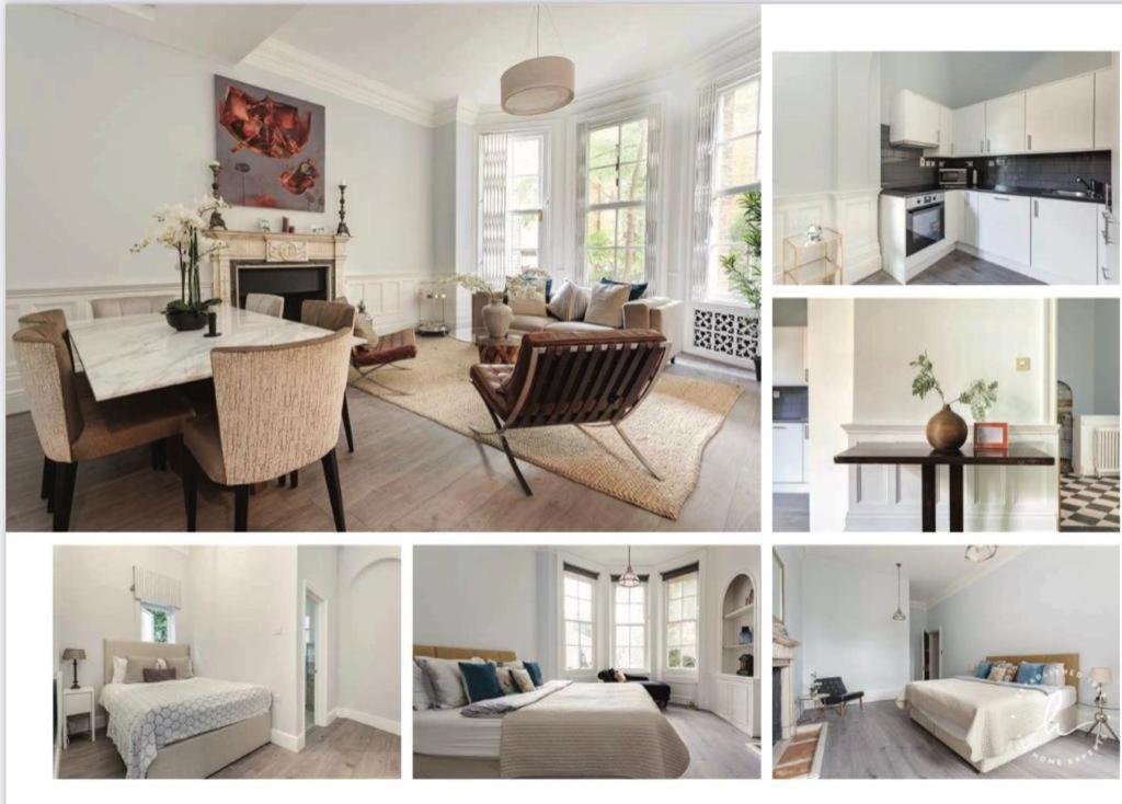 un collage de photos d'un salon et d'une salle à manger dans l'établissement Renovu Premium Homes in Kensington, à Londres