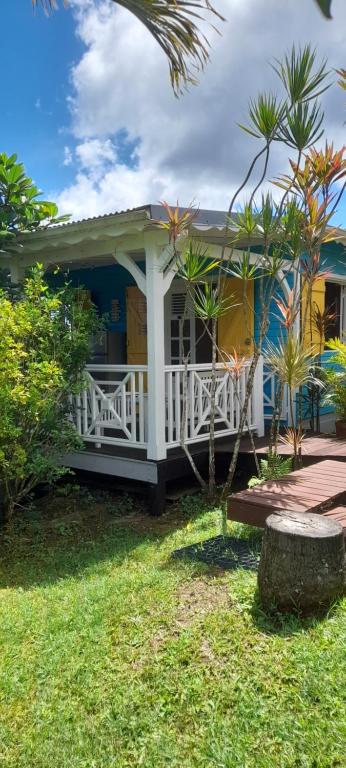 a blue house with a white porch and palm trees at Gwadakaz in Sainte-Rose