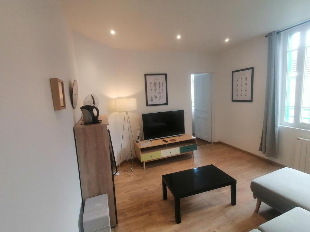 un salon avec une télévision et un canapé dans l'établissement Villa des Roses - Appart T2, 31m2, 1er étage, vue jardin, 