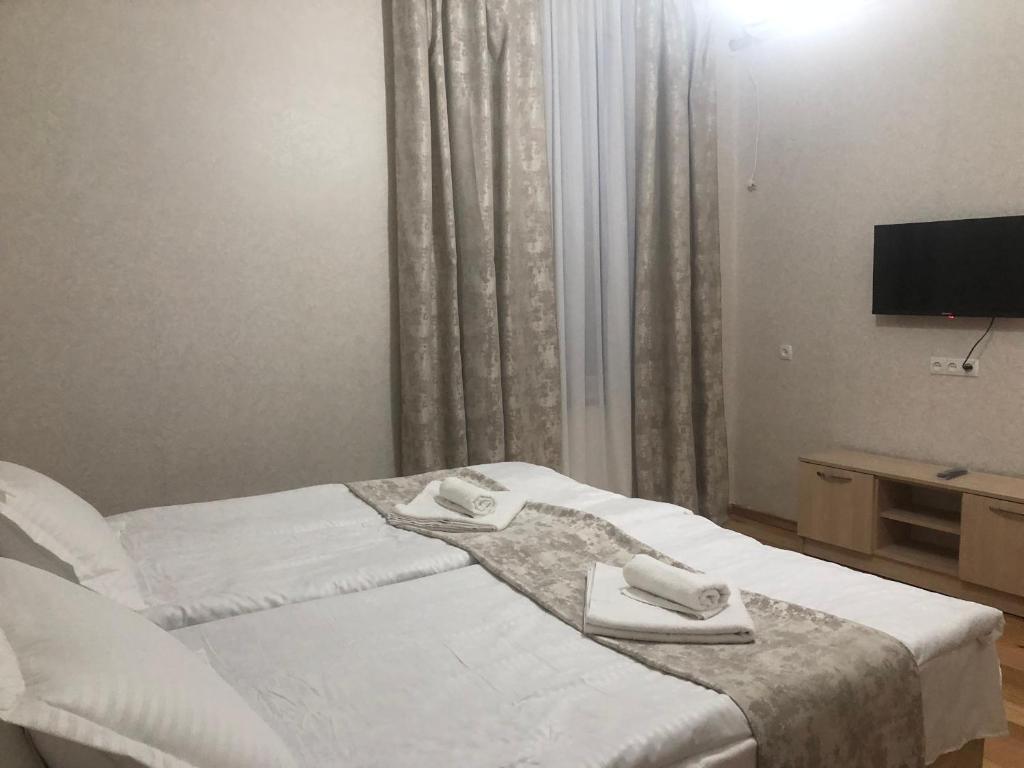 a hotel room with a bed and a television at Cozy House in Tʼelavi