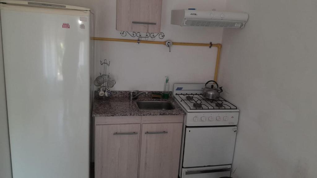 a small kitchen with a stove and a sink at Doña Rita departamentos in Villa María