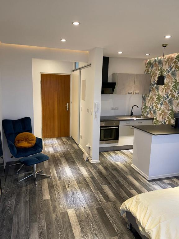 ein Wohnzimmer mit einem Bett und eine Küche in der Unterkunft Skyline Apartment Belle Vue in Karlsruhe