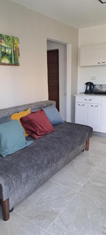 ein großes Sofa in einem Zimmer mit Küche in der Unterkunft הרוגע שלי בבית רובינזון in Naharija