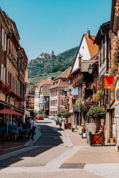 a city street with buildings and a mountain in the background at Studio Marie-Rose in Ribeauvillé