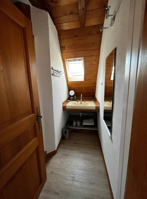 a small bathroom with a sink and a mirror at Studio Marie-Rose in Ribeauvillé