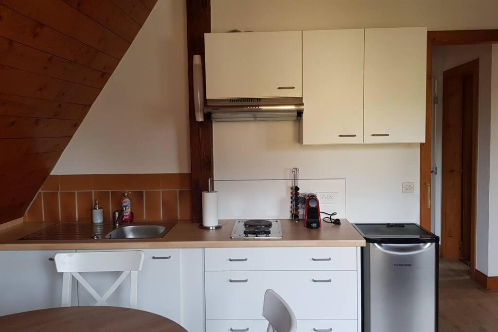 a kitchen with white cabinets and a sink and a stove at Studio Marie-Rose in Ribeauvillé