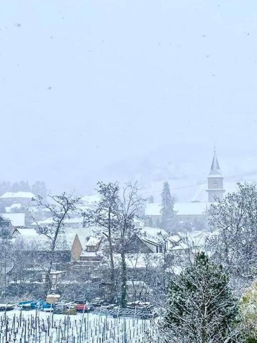 a snow covered city with a clock tower in the distance at Studio Marie-Rose in Ribeauvillé