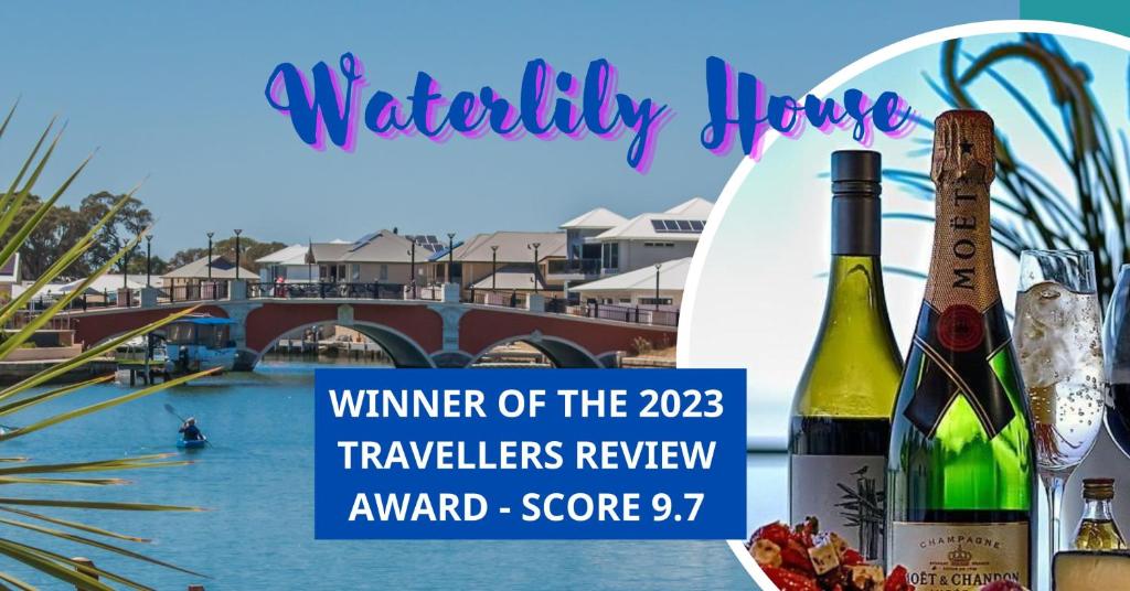 een flyer voor een awine event met twee flessen wijn bij "WATERLILY HOUSE" - Luxury Canal House, Jetty, Dog & Child Friendly - Sleeps 14 in Mandurah