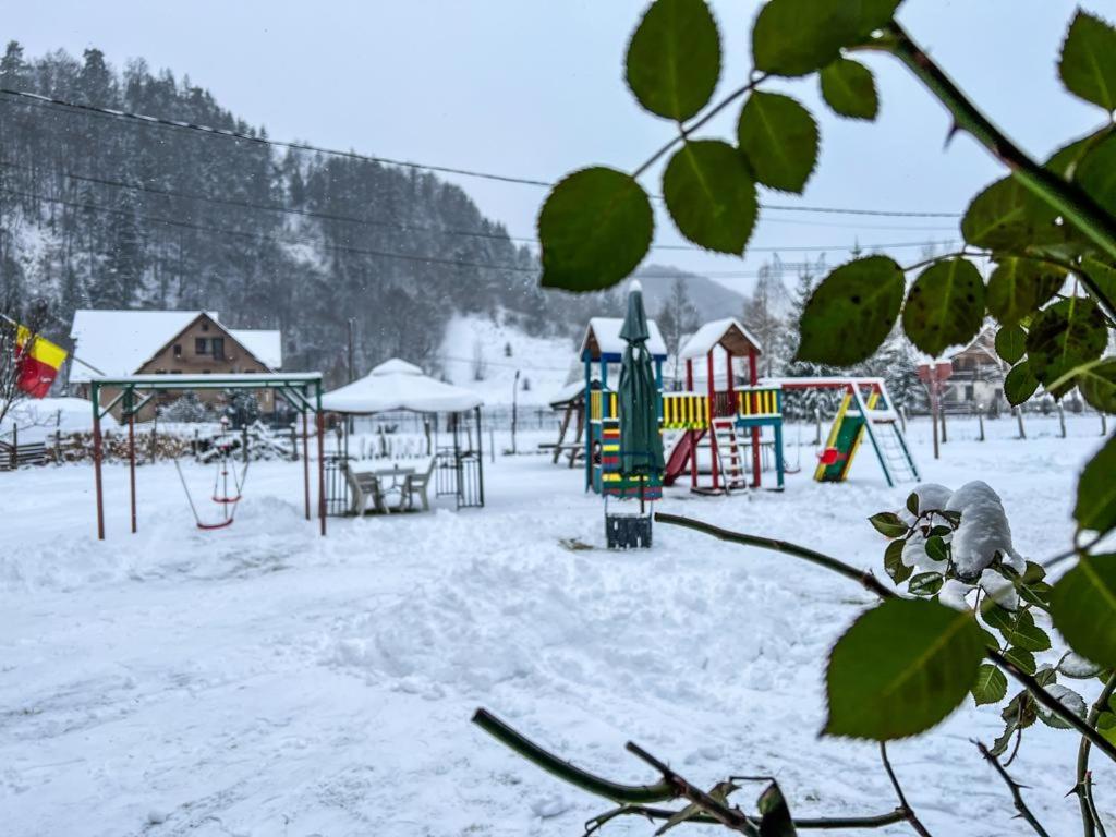 une aire de jeux couverte de neige avec une aire de jeux dans l'établissement Casa Petruta Dambovicioara, à Podu Dîmboviţei